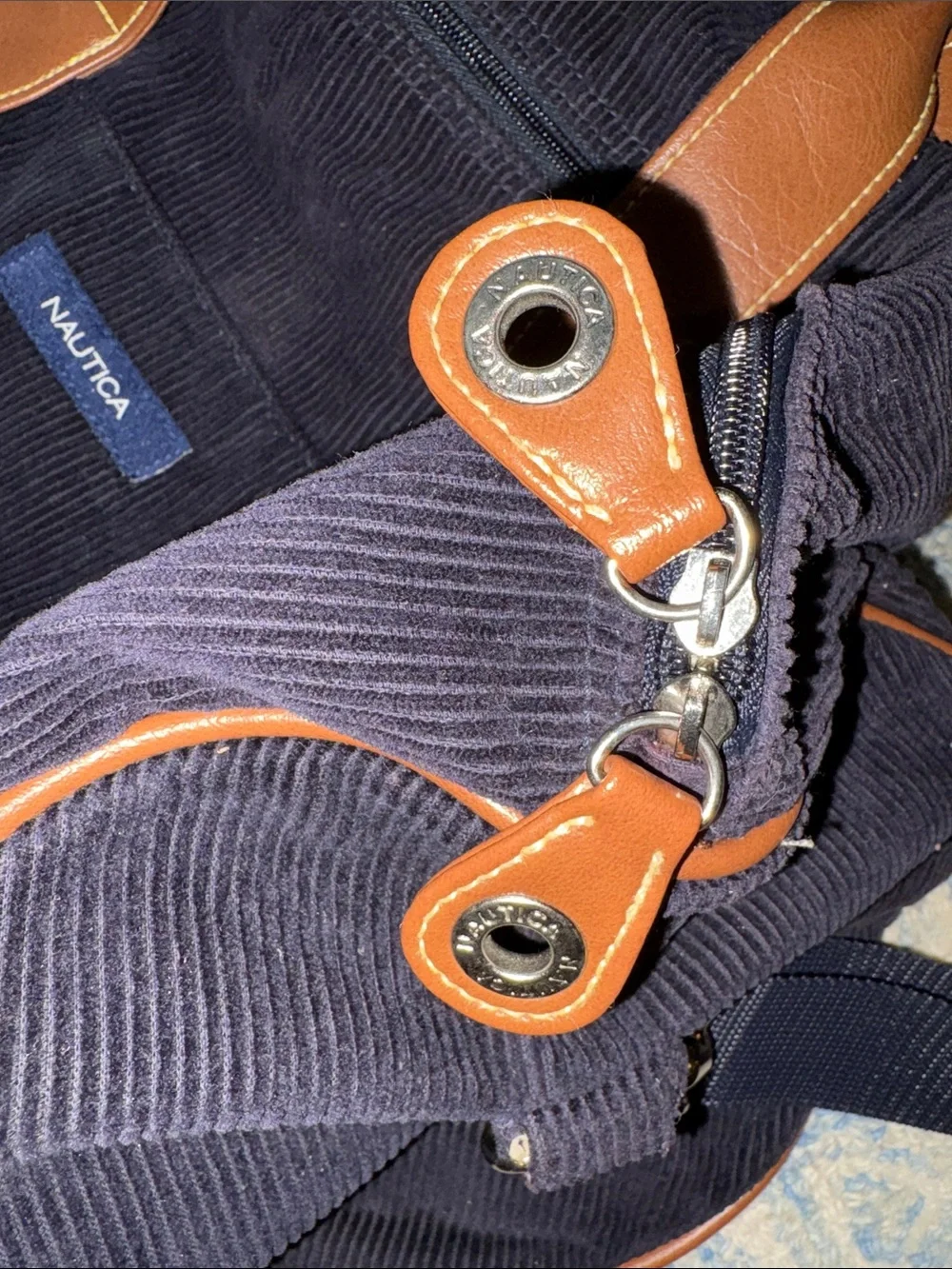 Nautica Navy Corduroy Duffel with Brown Trim and Strap